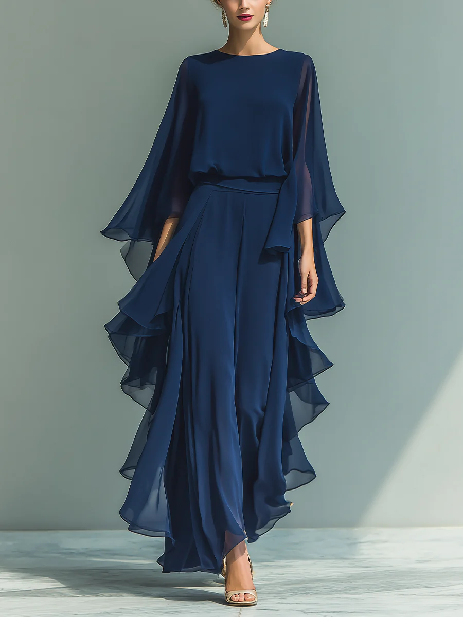 Women's Flared Sleeve Chiffon Set - Elegant Evening - Size XS