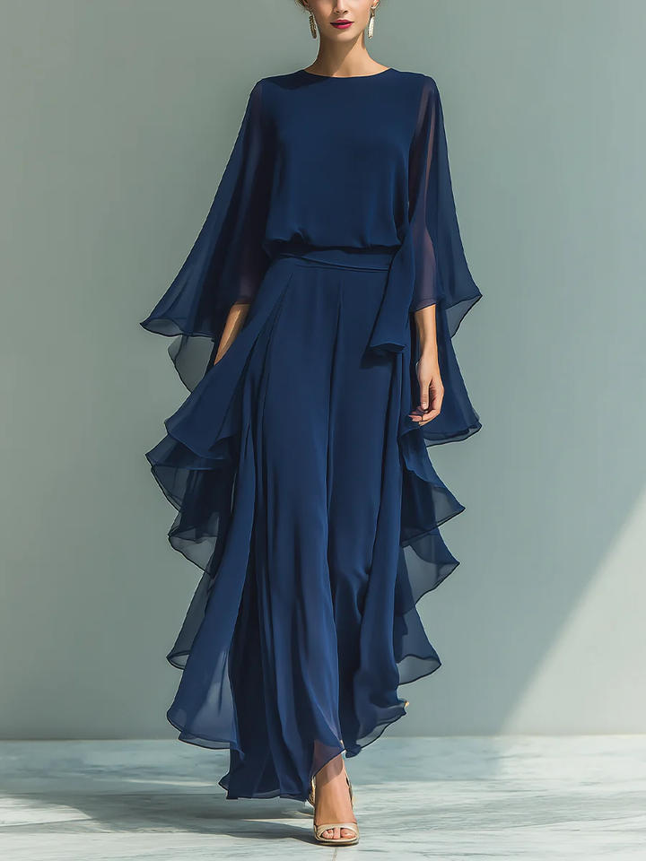 Women's Flared Sleeve Chiffon Set - Elegant Evening - Size XS