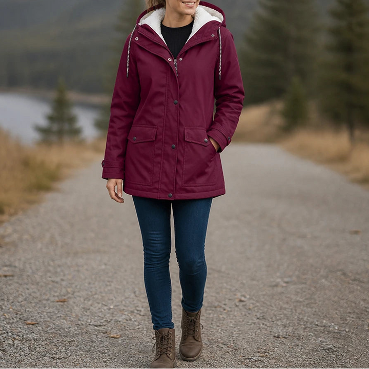 Women's Fleece-Lined Hooded Winter Jacket in burgundy, Windproof Warmth