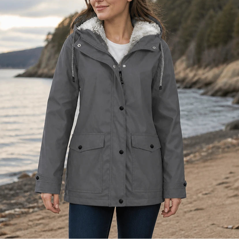 Women's Fleece-Lined Hooded Winter Jacket in grey, Windproof Warmth
