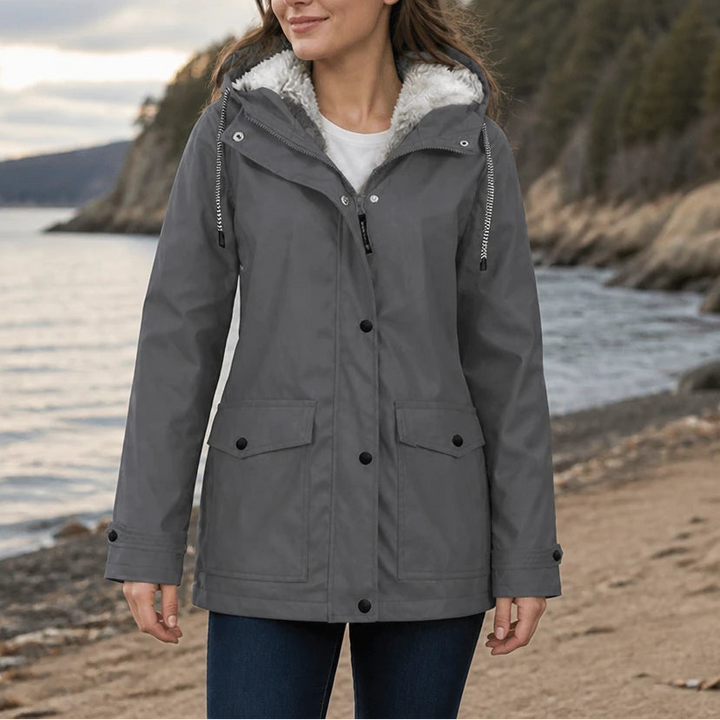 Women's Fleece-Lined Hooded Winter Jacket in grey, Windproof Warmth