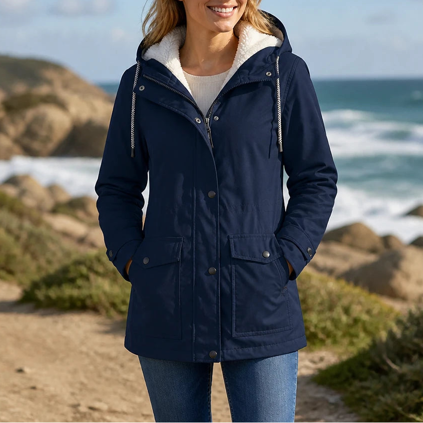Women's Fleece-Lined Hooded Winter Jacket in navy, Windproof Warmth