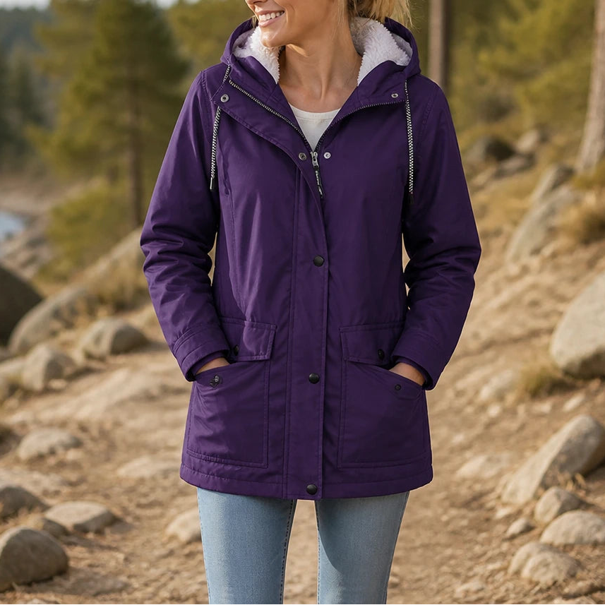 Women's Fleece-Lined Hooded Winter Jacket in purple, Windproof Warmth