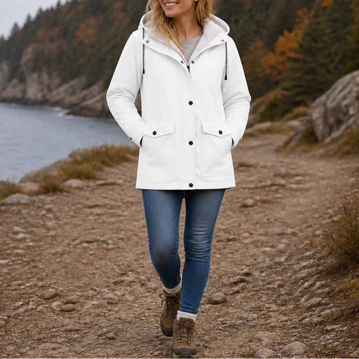 Women's Fleece-Lined Hooded Winter Jacket in white, Windproof Warmth
