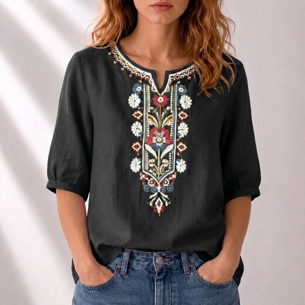 Women's Floral Embroidered Blouse in black, Relaxed Fit