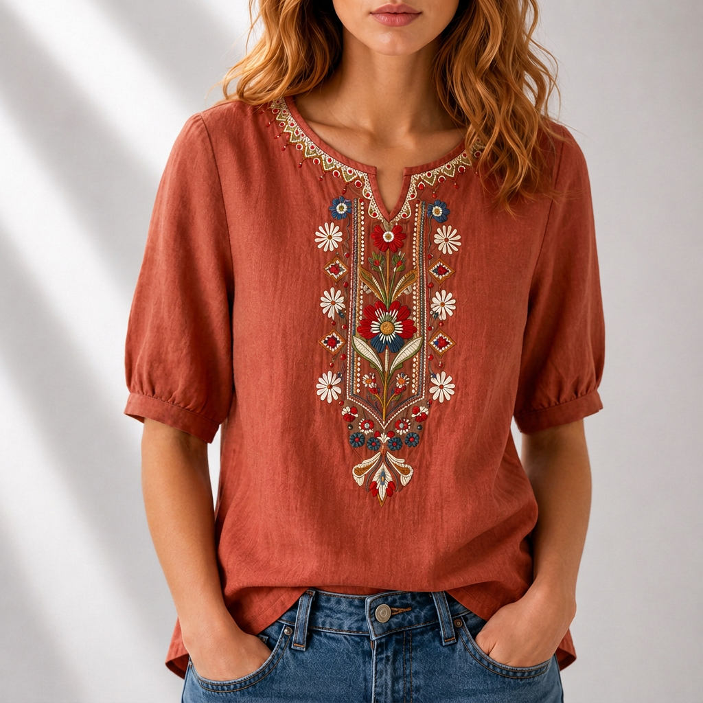 Women's Floral Embroidered Blouse in burnt orange, Relaxed Fit