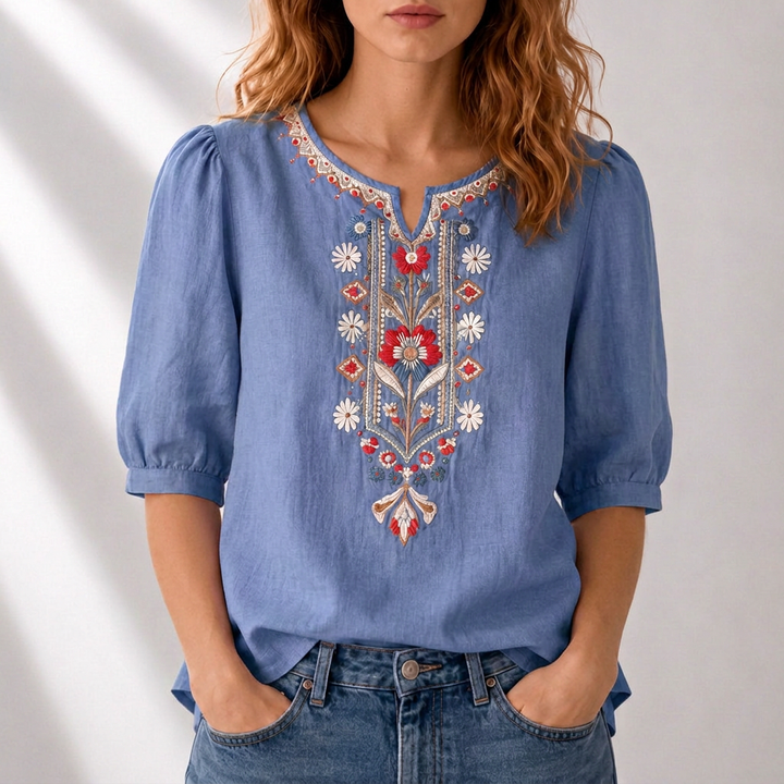 Women's Floral Embroidered Blouse in denim blue, Relaxed Fit