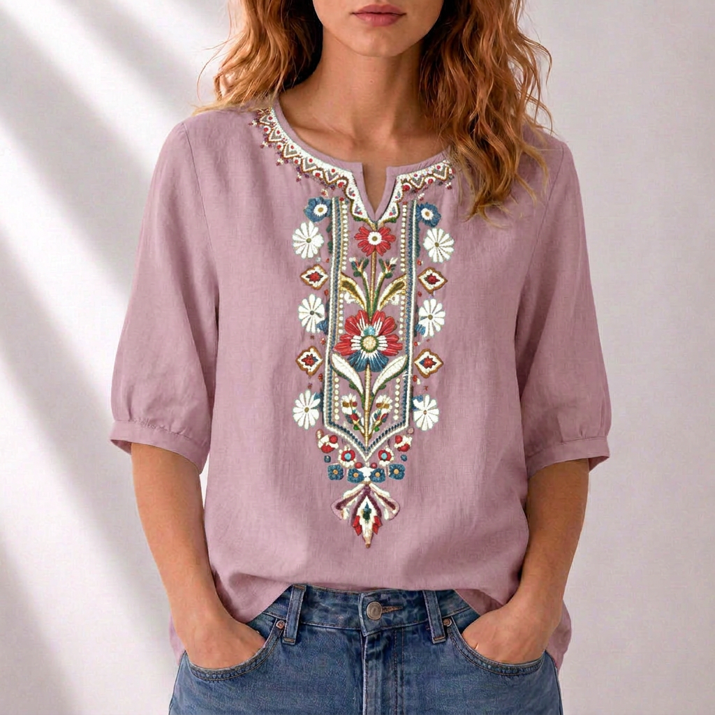 Women's Floral Embroidered Blouse in pink, Relaxed Fit