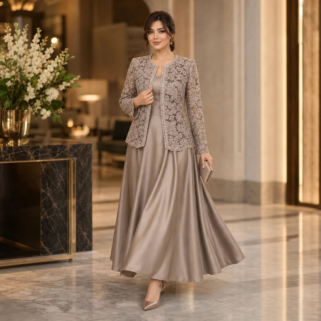 Women's Floral Lace Jacket Maxi Dress Set - Taupe