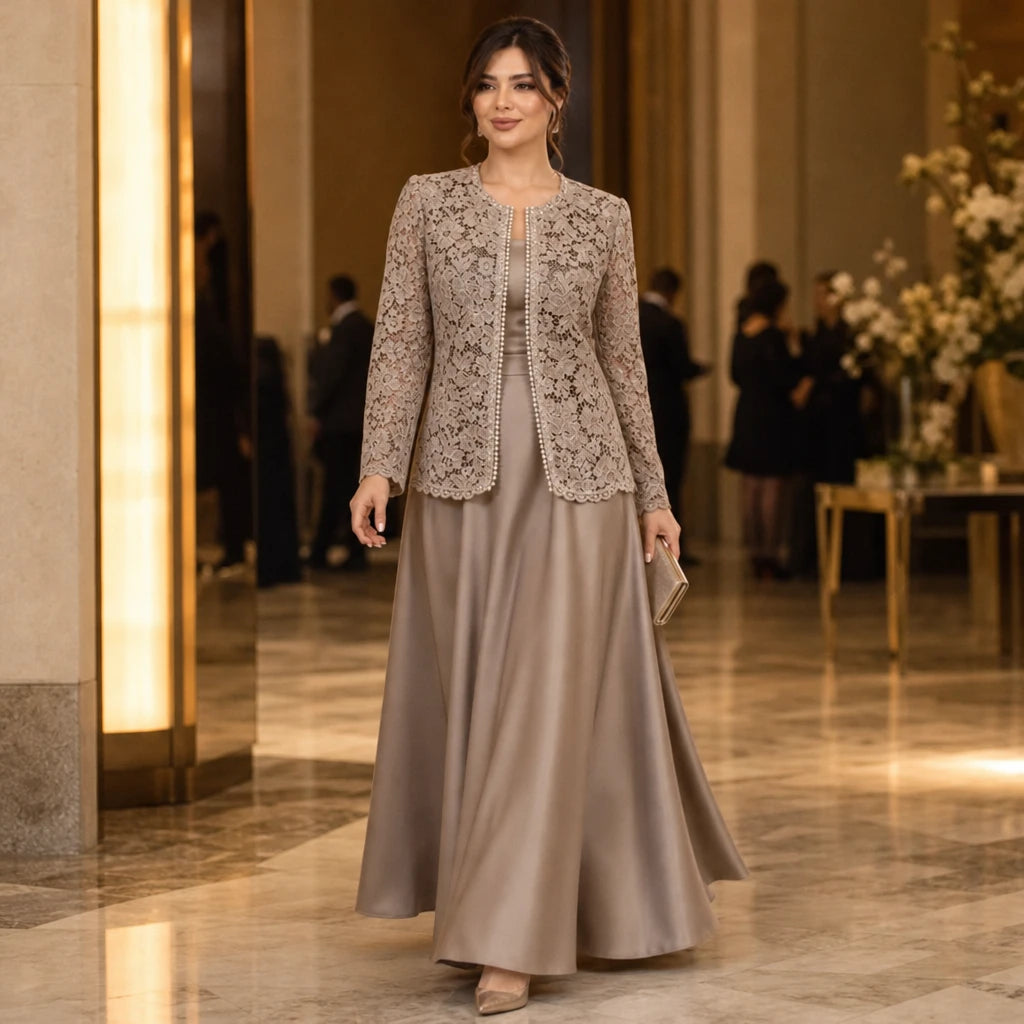 Women's Floral Lace Jacket Maxi Dress Set - Taupe