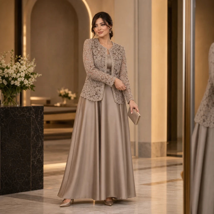 Women's Floral Lace Jacket Maxi Dress Set - Taupe