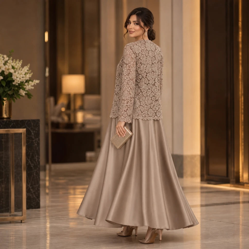 Women's Floral Lace Jacket Maxi Dress Set - Taupe