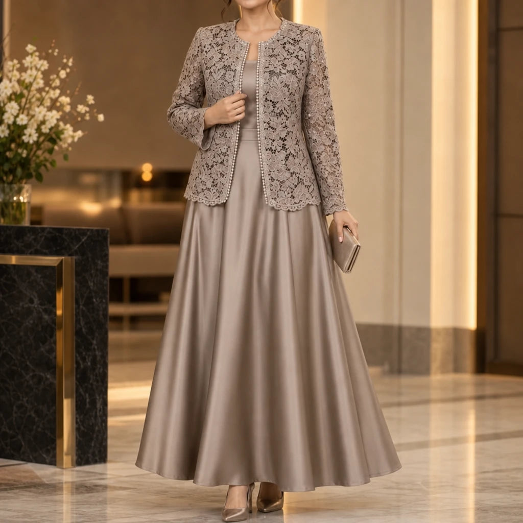 Women's Floral Lace Jacket Maxi Dress Set in taupe, Taupe