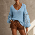 Women's Floral Lace Lantern Sleeve Open-Knit Sweater - Relaxed Fit