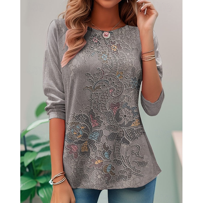 Women's Floral Long-Sleeve Top in gray, Relaxed Fit