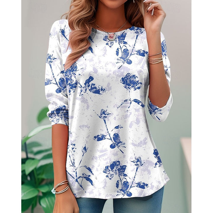 Women's Floral Long-Sleeve Top in light blue, Relaxed Fit