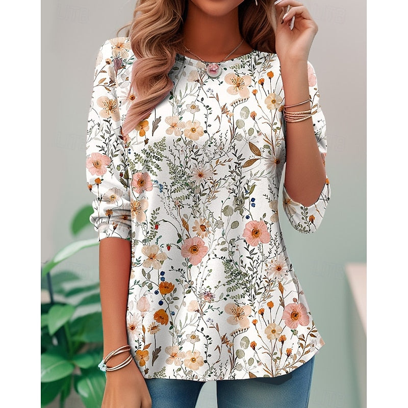 Women's Floral Long-Sleeve Top in off-white, Relaxed Fit