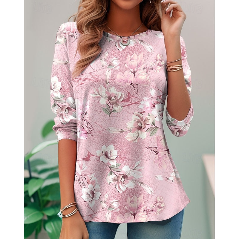 Women's Floral Long-Sleeve Top in pink, Relaxed Fit