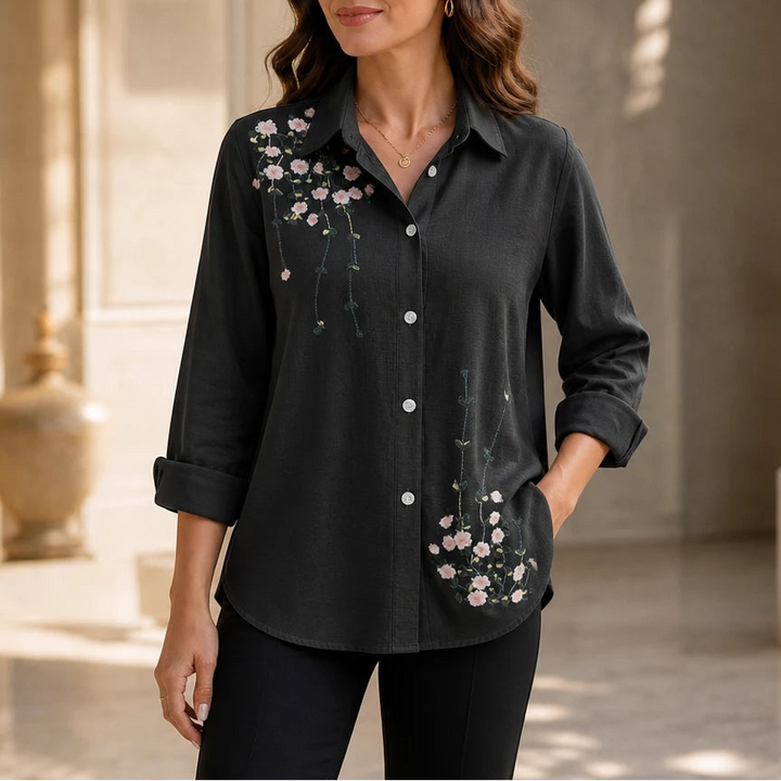 Women's Floral Print Long-Sleeve Blouse in black, Hip-Length Casual Shirt