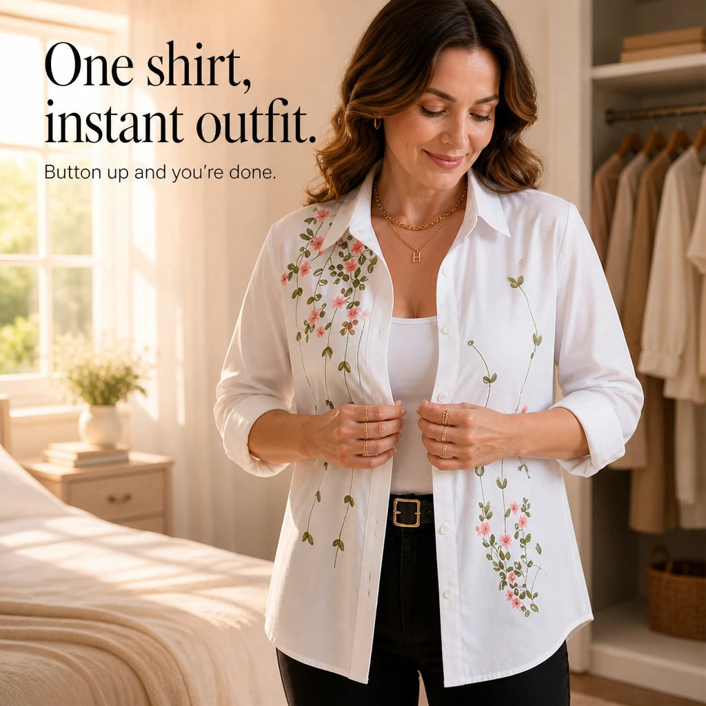 Women's Floral Print Long-Sleeve Blouse - Hip-Length Casual Shirt