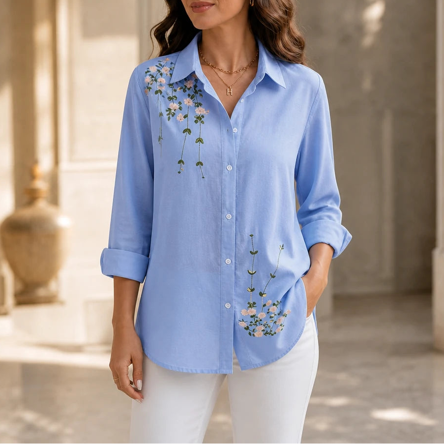 Women's Floral Print Long-Sleeve Blouse in light blue, Hip-Length Casual Shirt