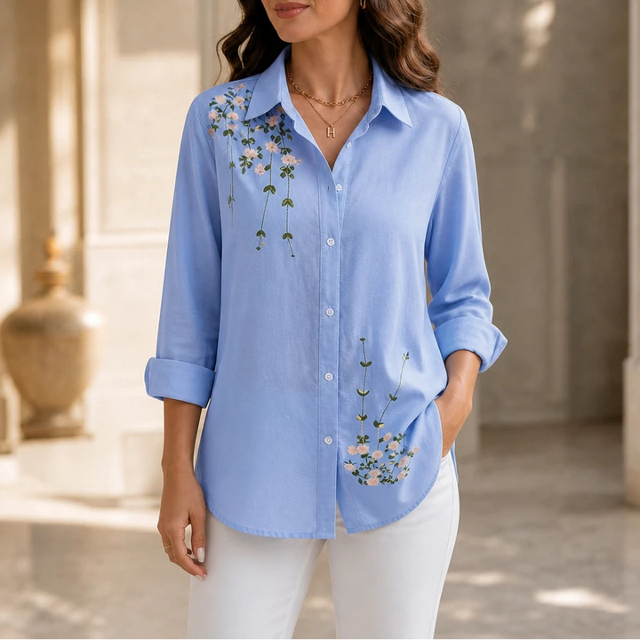Women's Floral Print Long-Sleeve Blouse in light blue, Hip-Length Casual Shirt