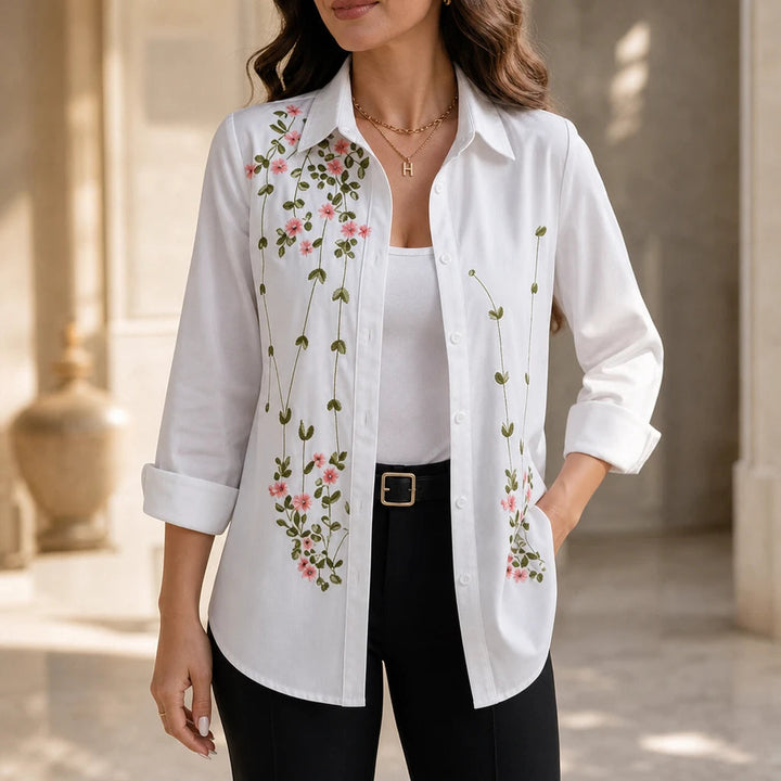 Women's Floral Print Long-Sleeve Blouse in white, Hip-Length Casual Shirt