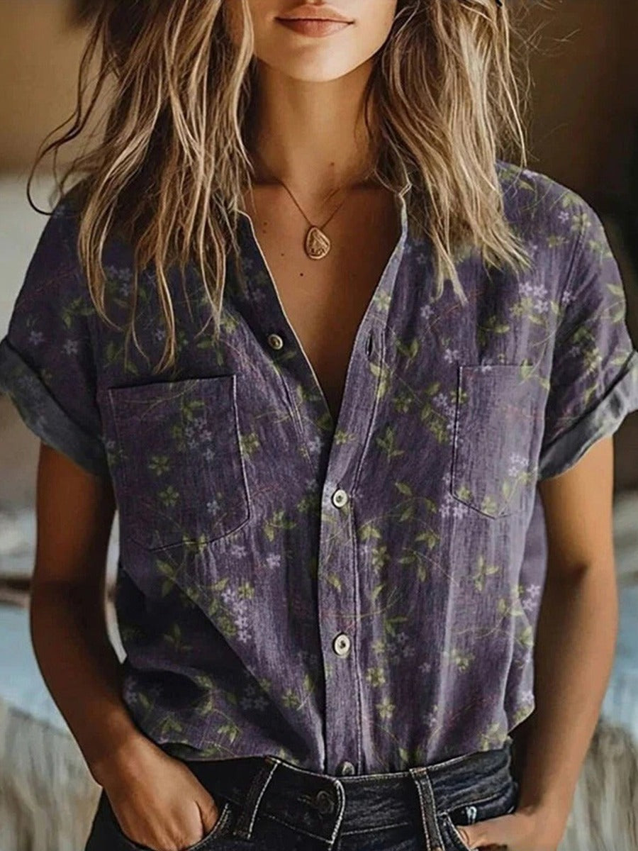 Women's Floral Short Sleeve Blouse in purple, Relaxed Fit