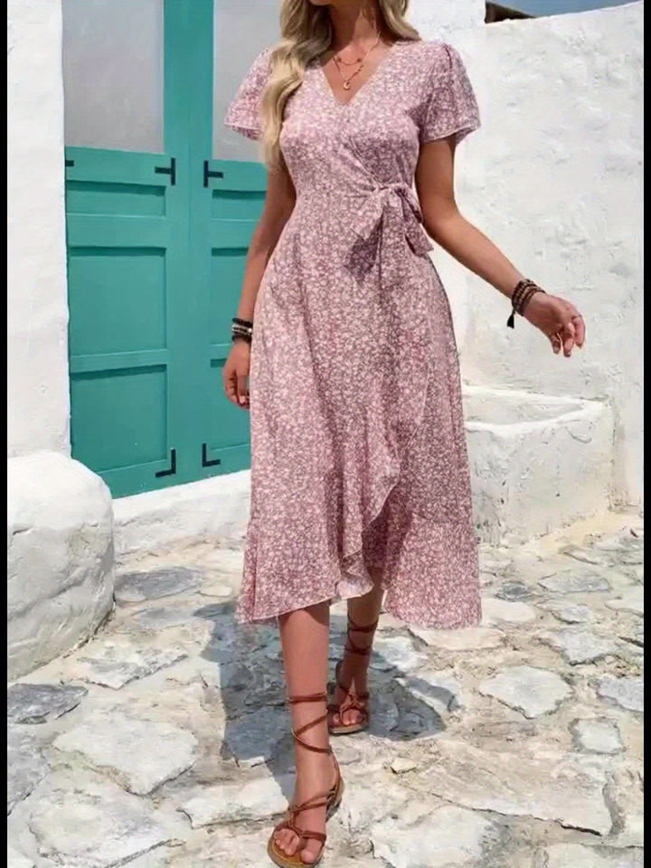 Women's Floral Wrap Dress - Flowing V-Neck Design