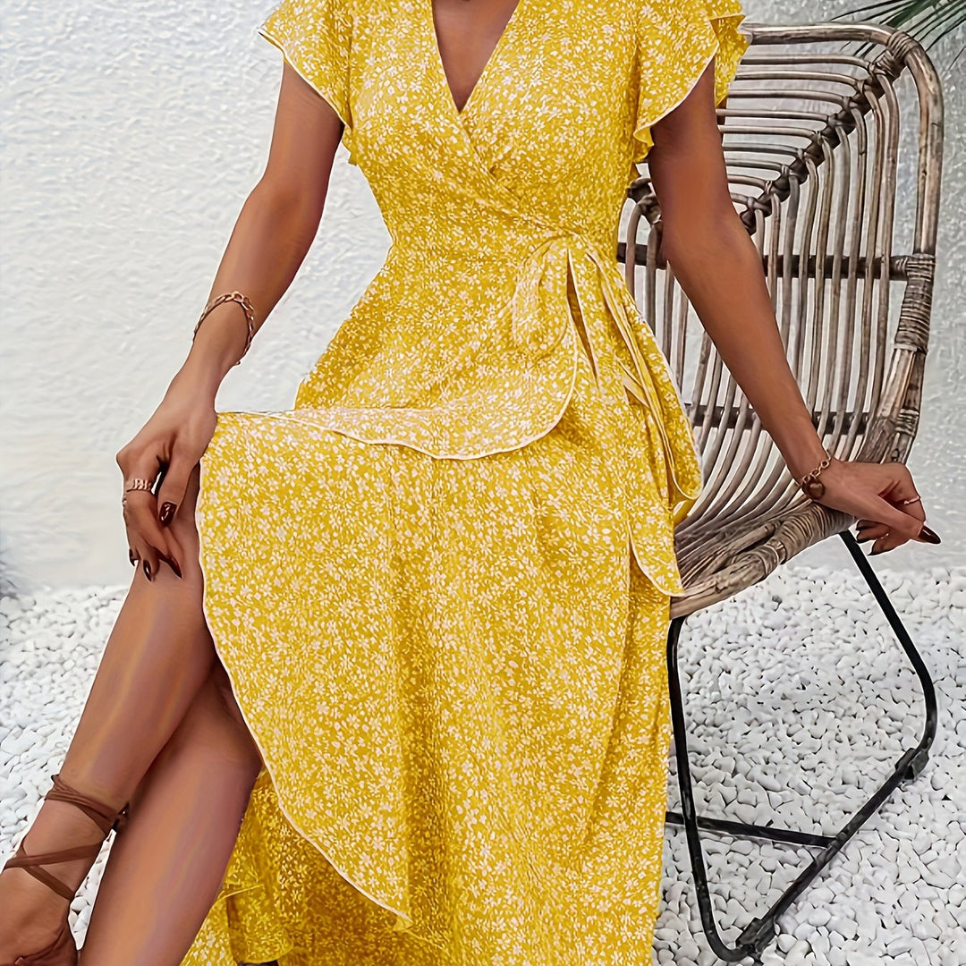 Women's Floral Wrap Dress in yellow, Flowing V-Neck Design