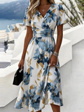 Women's Floral Wrap Midi Dress - Short Sleeve V-Neck