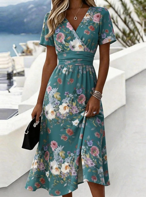 Women's Floral Wrap Midi Dress in green, Short Sleeve V-Neck