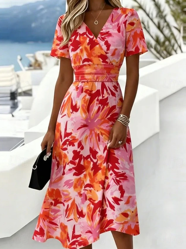 Women's Floral Wrap Midi Dress in orange, Short Sleeve V-Neck