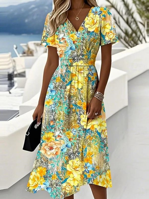 Women's Floral Wrap Midi Dress in yellow, Short Sleeve V-Neck