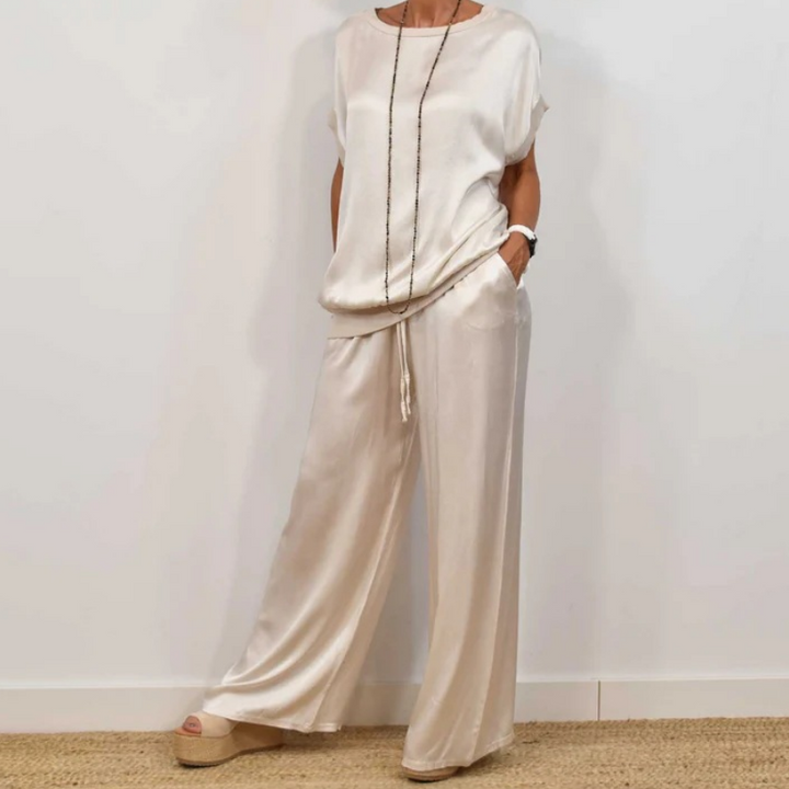 Women's Flowing Two-Piece Set - Blouse & Wide-Leg Pants - White