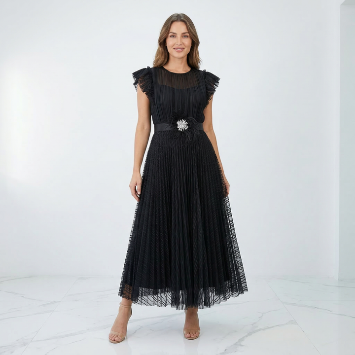 Women's Flutter Sleeve Midi Dress - Pleated Tulle Occasion Wear - Black