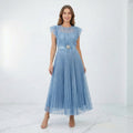 Women's Flutter Sleeve Midi Dress - Pleated Tulle Occasion Wear