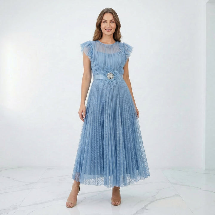 Women's Flutter Sleeve Midi Dress - Pleated Tulle Occasion Wear - Blue