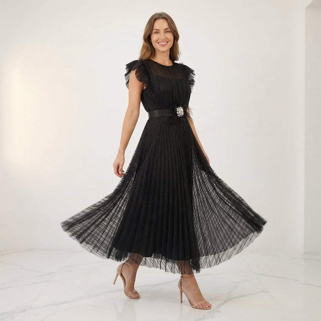 Women's Flutter Sleeve Midi Dress - Pleated Tulle Occasion Wear