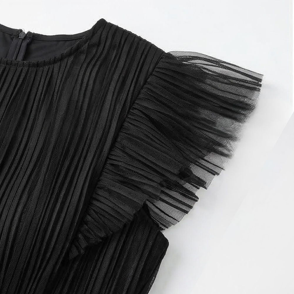 Women's Flutter Sleeve Midi Dress - Pleated Tulle Occasion Wear