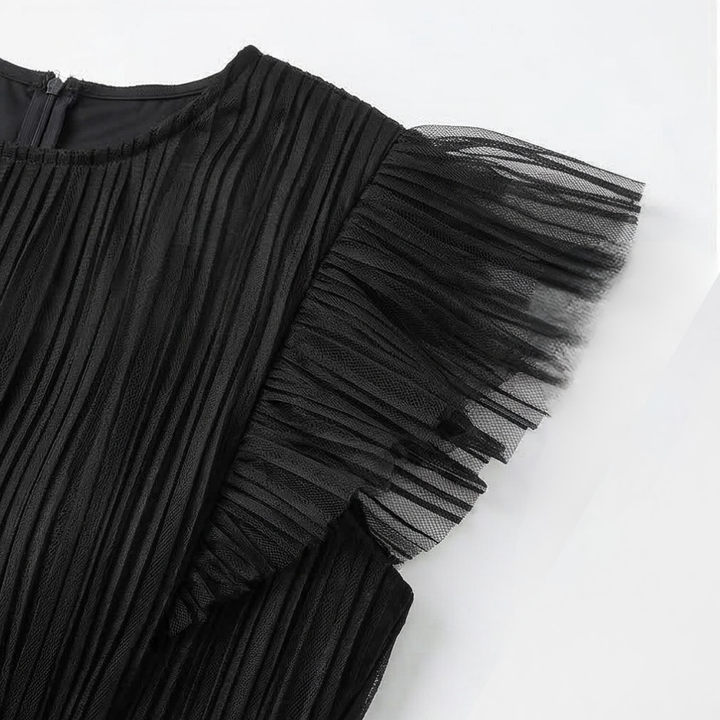 Women's Flutter Sleeve Midi Dress - Pleated Tulle Occasion Wear