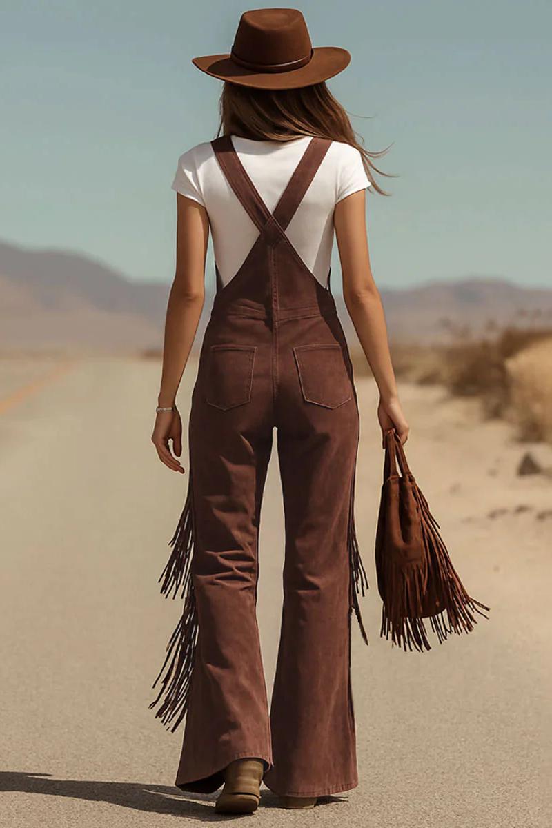 Women's Fringe Micro-Suede Jumpsuit - Boho Western