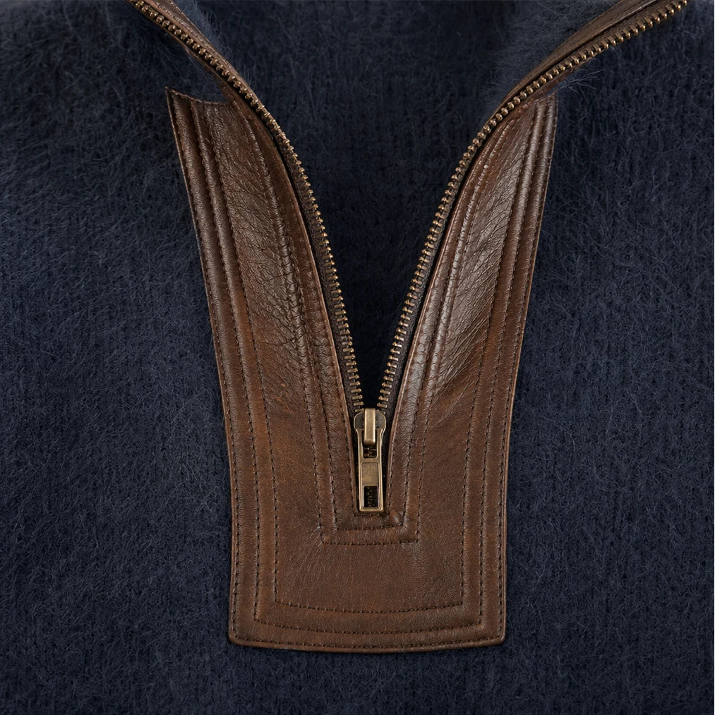 Women's Fuzzy Half-Zip Sweater with Contrast Trim