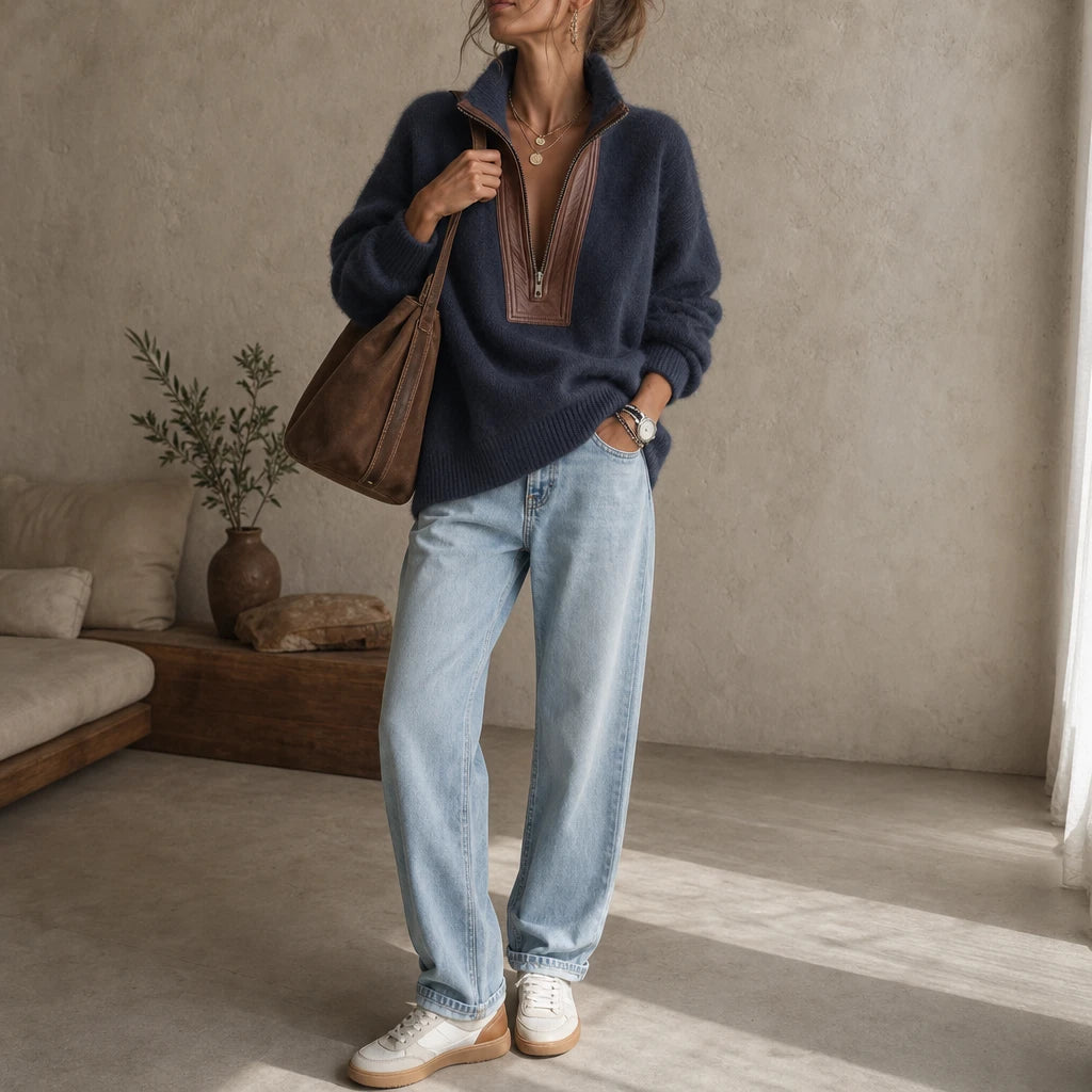 Women's Fuzzy Half-Zip Sweater with Contrast Trim