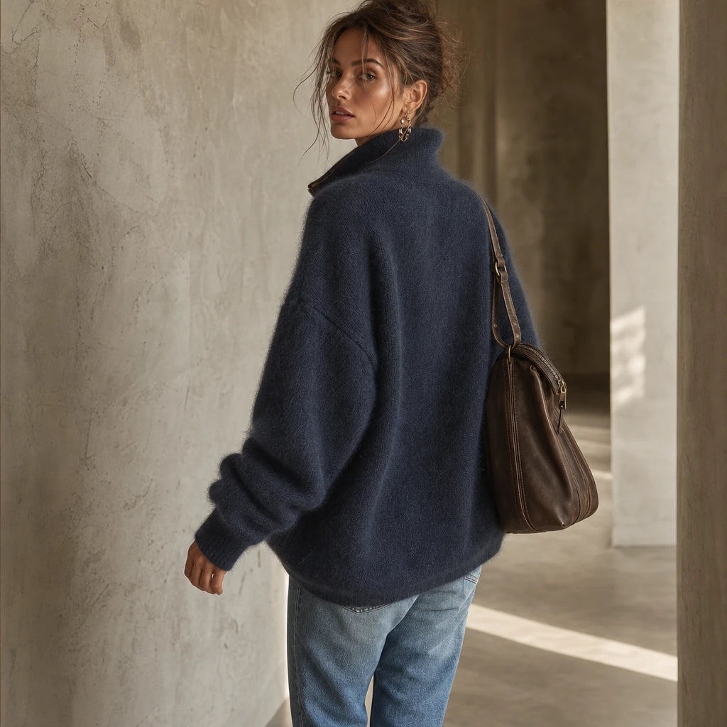Women's Fuzzy Half-Zip Sweater with Contrast Trim