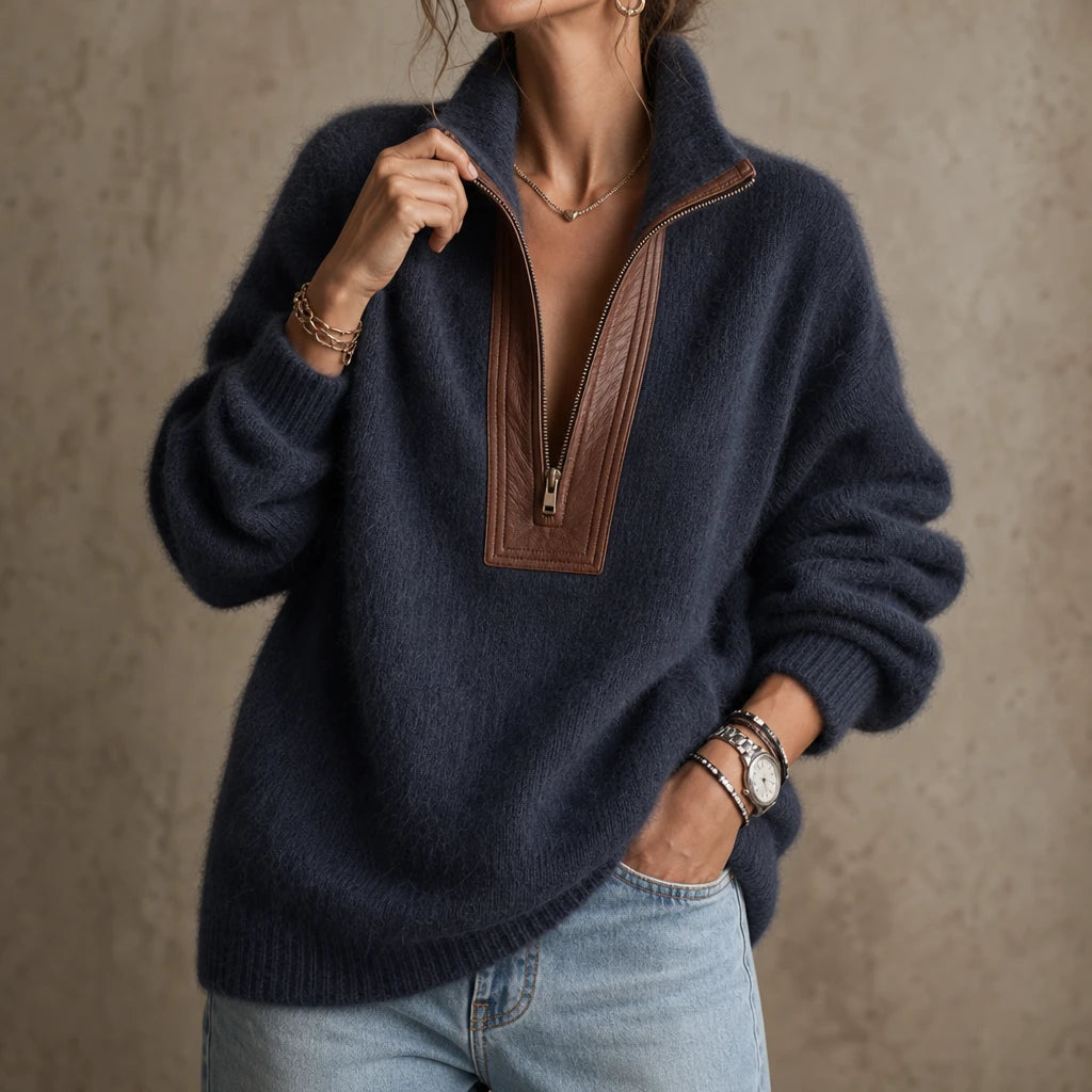 Women's Fuzzy Half-Zip Sweater with Contrast Trim - Navy