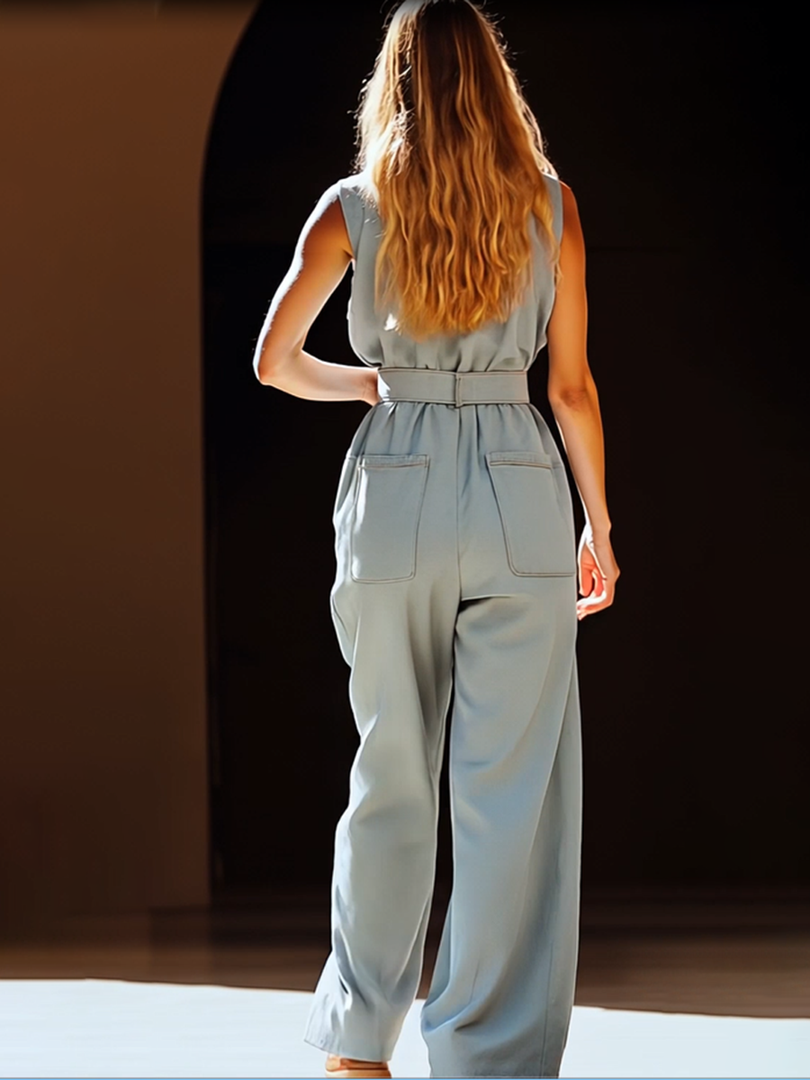 Women's Gray-Blue Tencel Denim Overalls - Casual Retro Fit