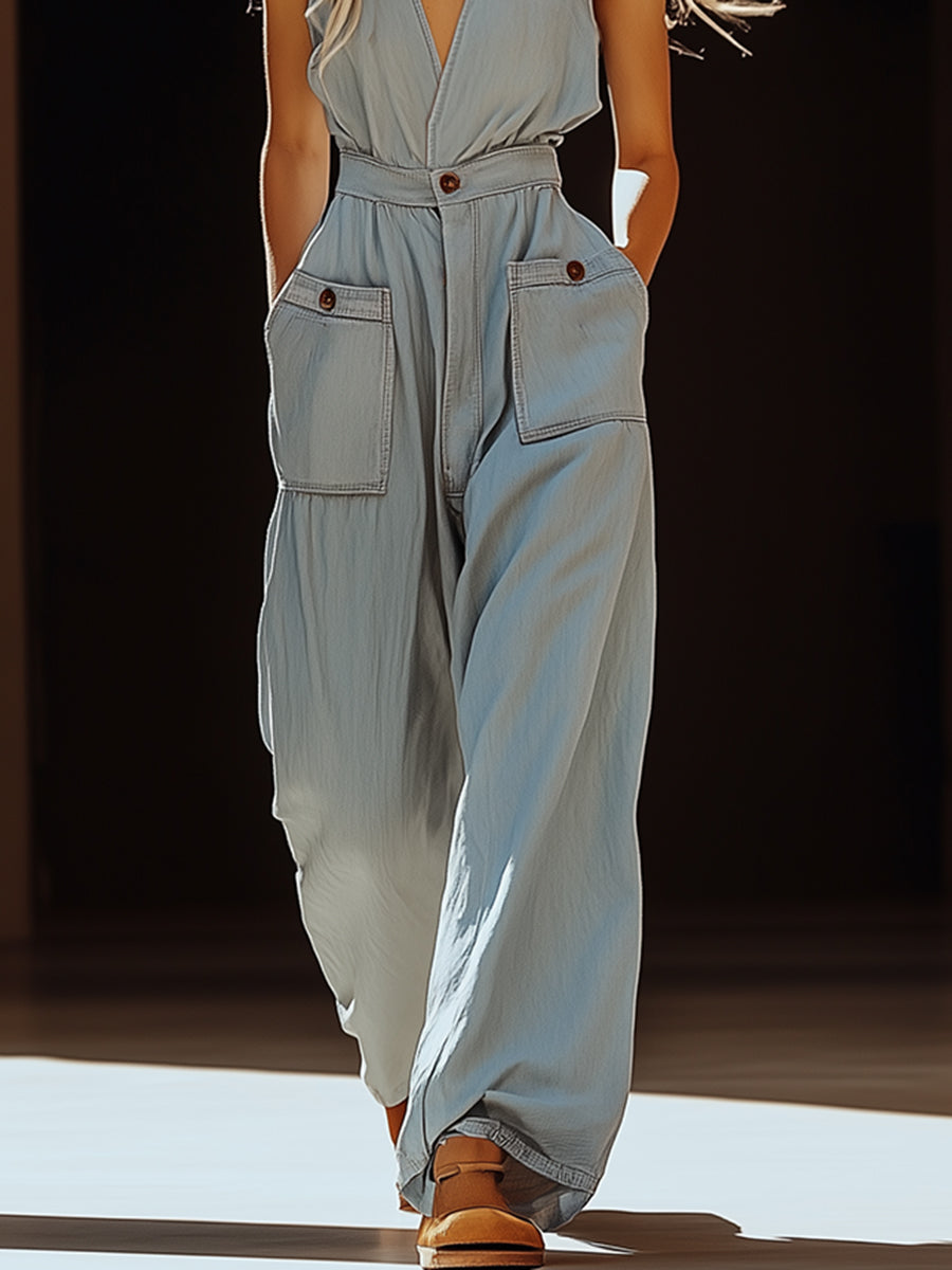 Women's Gray-Blue Tencel Denim Overalls - Casual Retro Fit