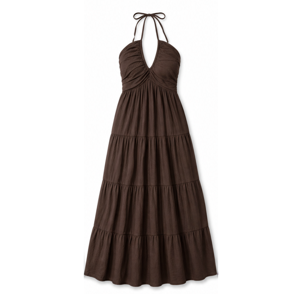 Women's Halter Maxi Dress with Twist Front - Olive Green - Coffee Brown