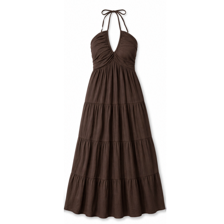 Women's Halter Maxi Dress with Twist Front - Olive Green - Coffee Brown